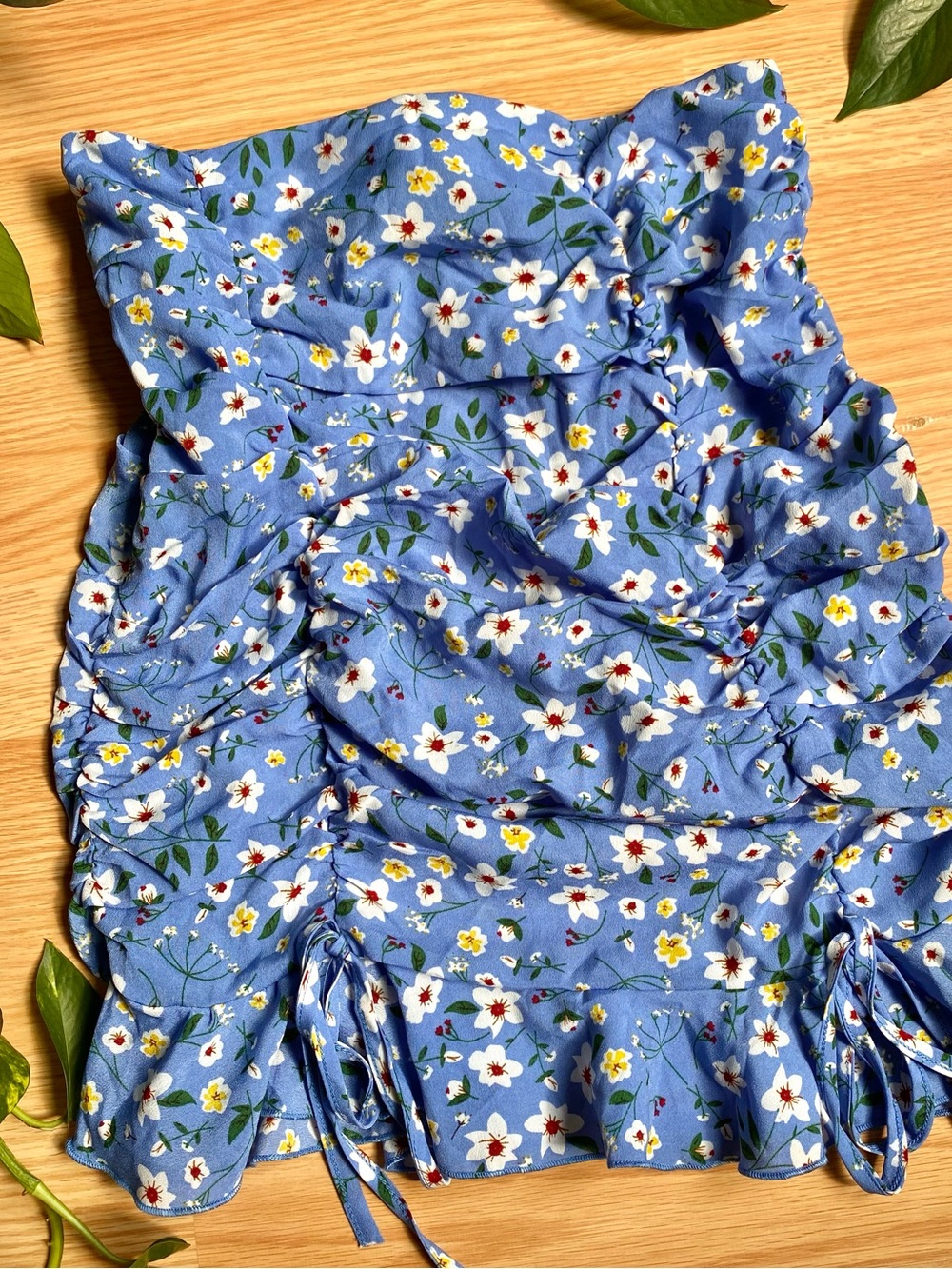 🩵🌼 Blue Floral Ruched Mini Skirt Cottagecore Preppy Summer Garden